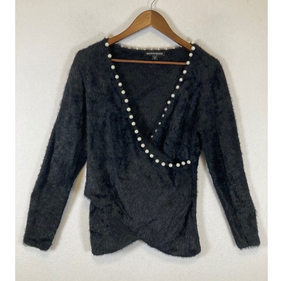Boston Proper Sweaters - Pearlcore Boston Proper Women Size M Black Fuzzy Eyelash Knit Wrap Pearl Sweater